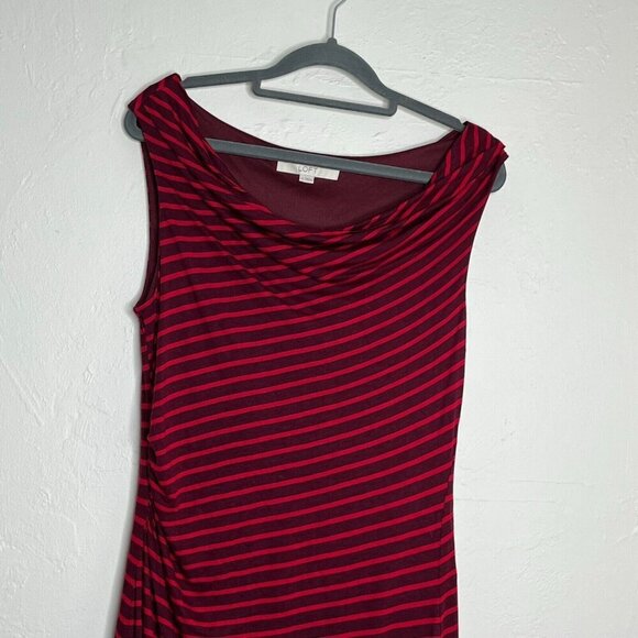 LOFT Ann Taylor Bodycon Ruched Side Dress Tencel Blend Red Navy Stripe Medium - Picture 2 of 10
